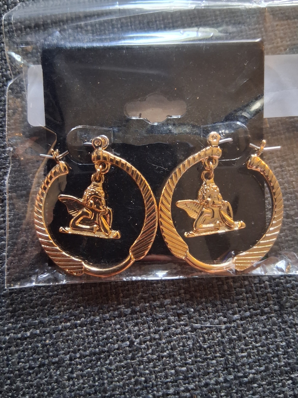 NEW Gold Tone Cupid Cherub Hoop Earrings Statement Jewelry